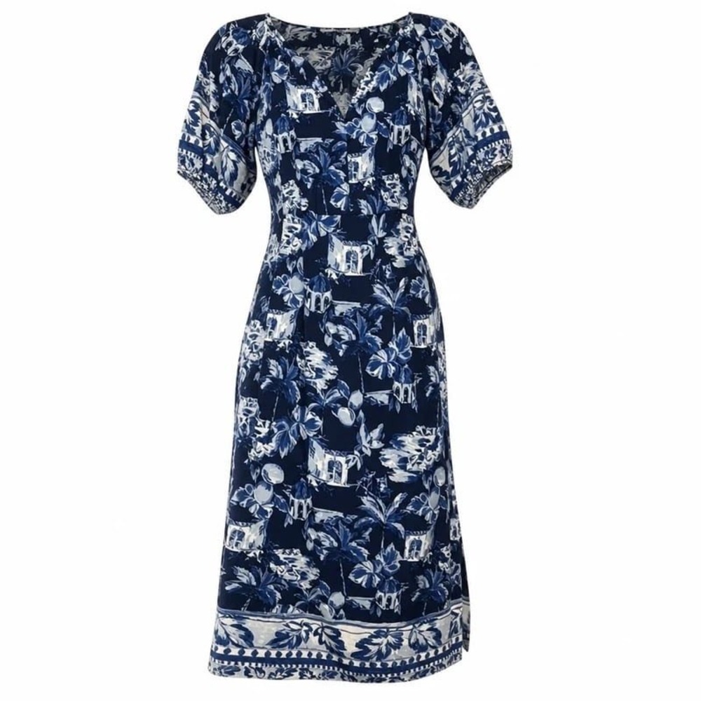 Loft Petite Navy White Mediterranean Toile Midi Dress Short Sleeve SP NWT